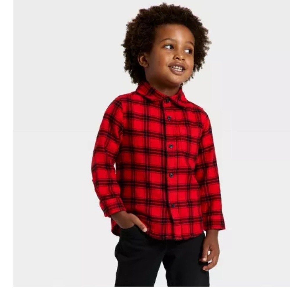Cat & Jack Boys XS 4/5 Red Buffalo Plaid Flannel Shirt NWT